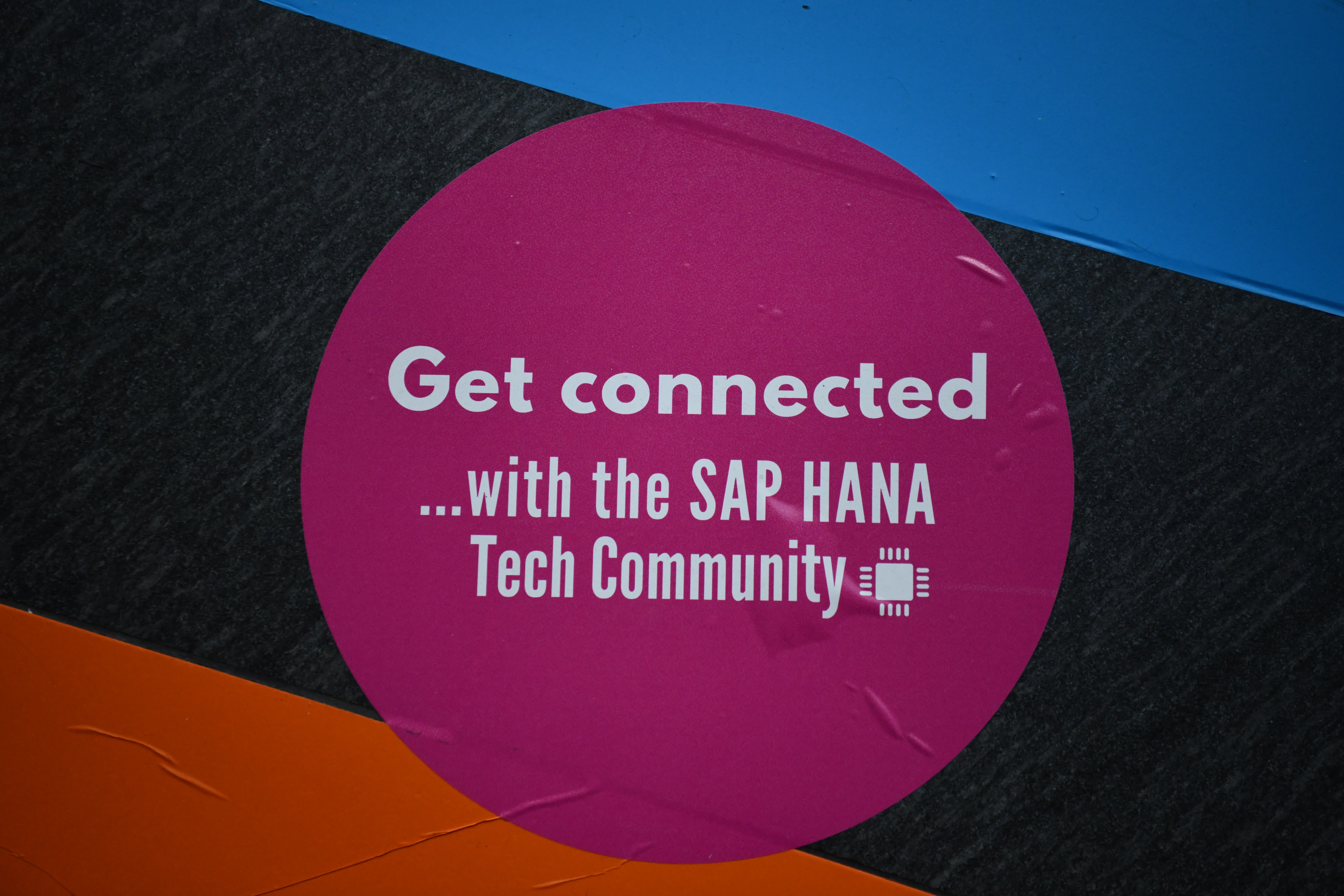 A large sticker on the floor saying 'Get Connected'